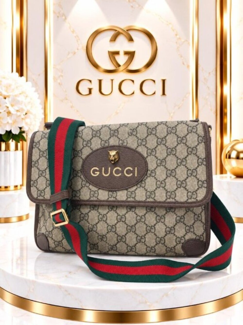 Authentic Gucci Neo Vintage GG Supreme Messenger Bag Web Stripe Tiger Crossbody